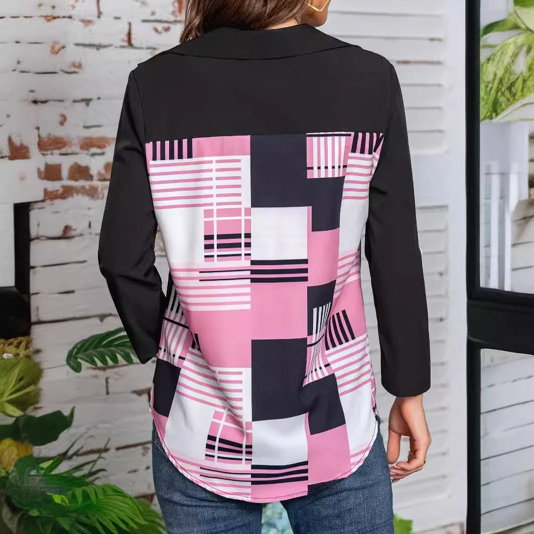 Dam Vår Trekvartsärmad Skjorta Geometriskt Tryck Pullover Med Knäppningsdetalj