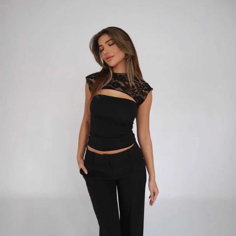 Kvinna Vår Spetsdekor Top Slim Fit Kort Ärm Lätt Stretch