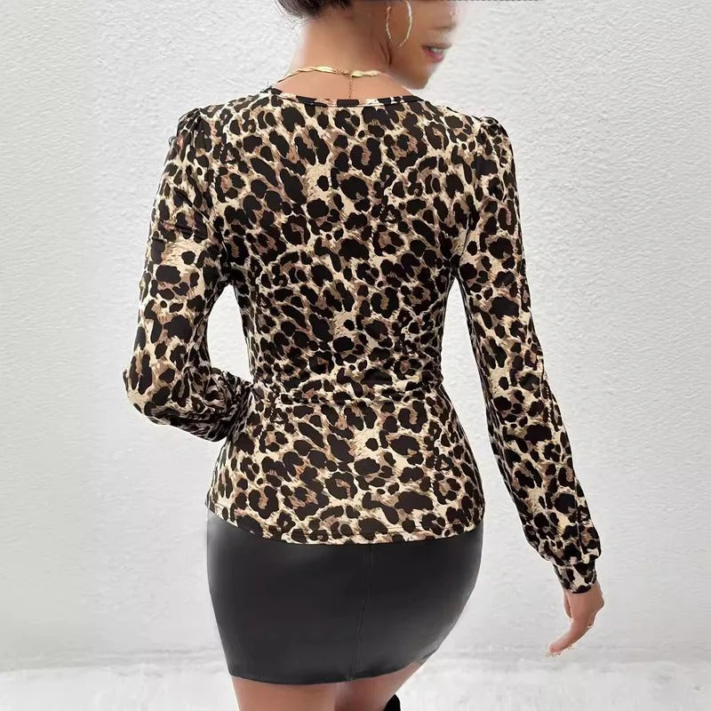 Stickad Hösttopp För Kvinnor, Leopardmönster, Spetsdetaljer, Långärmad, Slim Fit