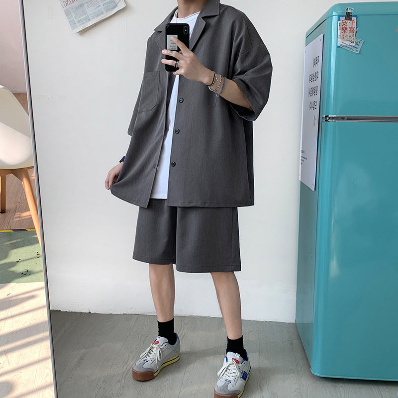 Herr Sommarset Tvådelad Kostym Plus Size, Lös Passform, Rak Jacka Med Shorts