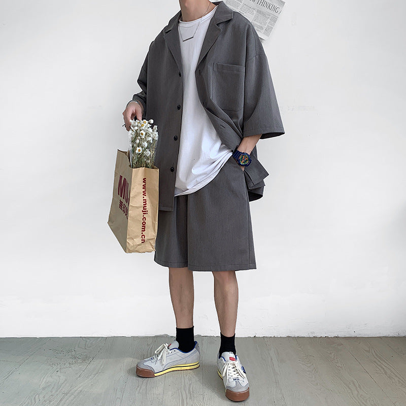 Herr Sommarset Tvådelad Kostym Plus Size, Lös Passform, Rak Jacka Med Shorts