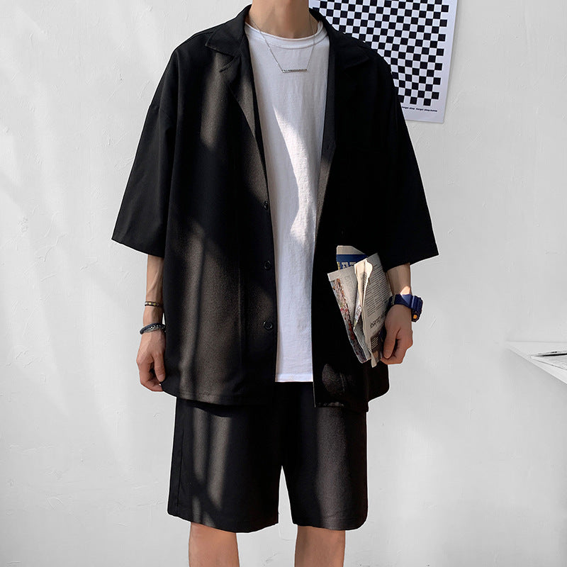 Herr Sommarset Tvådelad Kostym Plus Size, Lös Passform, Rak Jacka Med Shorts