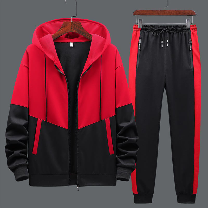 Herrars Sportset Tvådelat – Dragkedjeförsedd Hoodie med Huva &amp; Matchande Byxor