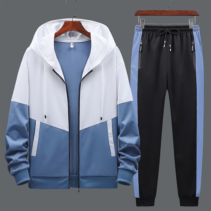 Herrars Sportset Tvådelat – Dragkedjeförsedd Hoodie med Huva &amp; Matchande Byxor