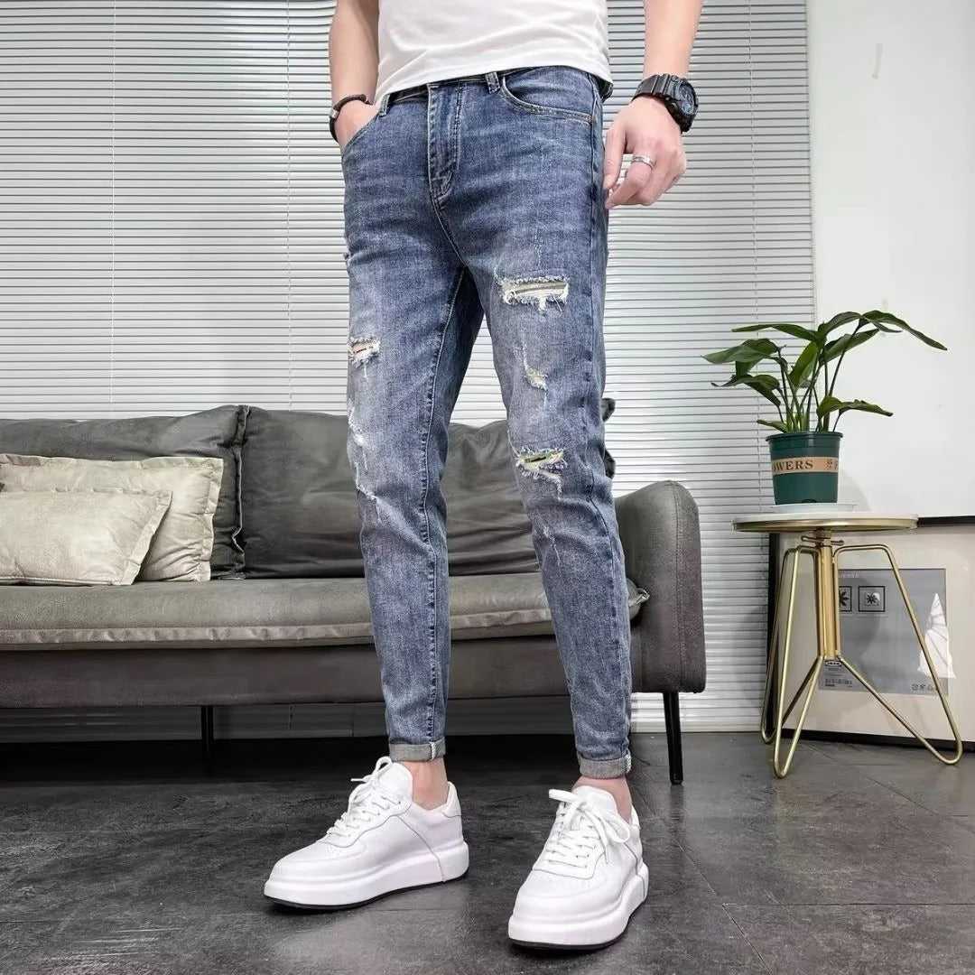 Herr Skinny Jeans Hög Midja Stretch Rippad Design Dragkedjegylf