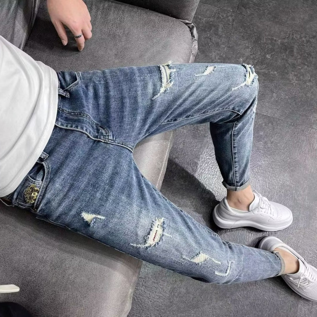 Herr Skinny Jeans Hög Midja Stretch Rippad Design Dragkedjegylf