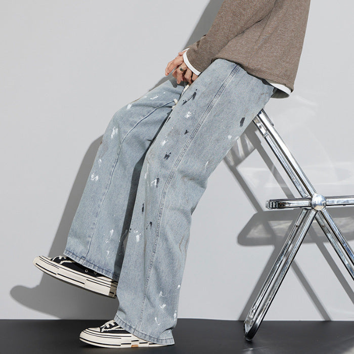 Herrjeans med Sliten Graffiti-Print och Dragsko i Midjan, Microelastisk Passform