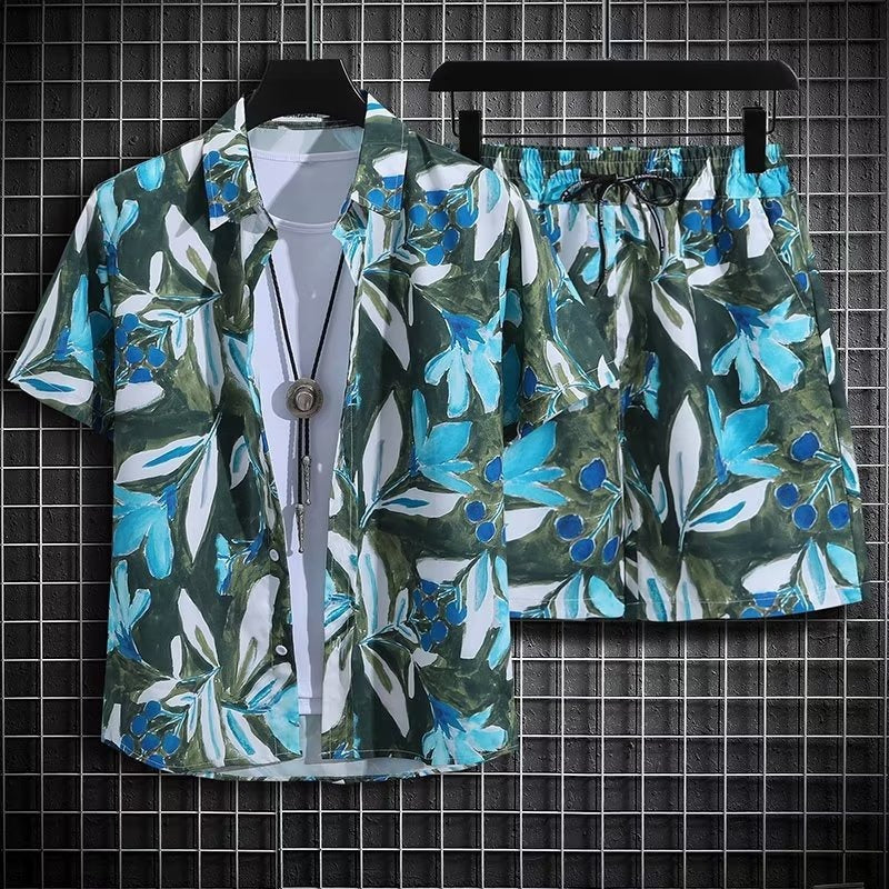 Herrarnas Somriga Tvådelade Strandset Snabbtorkande Kortärmad Blommig Topp och Shorts
