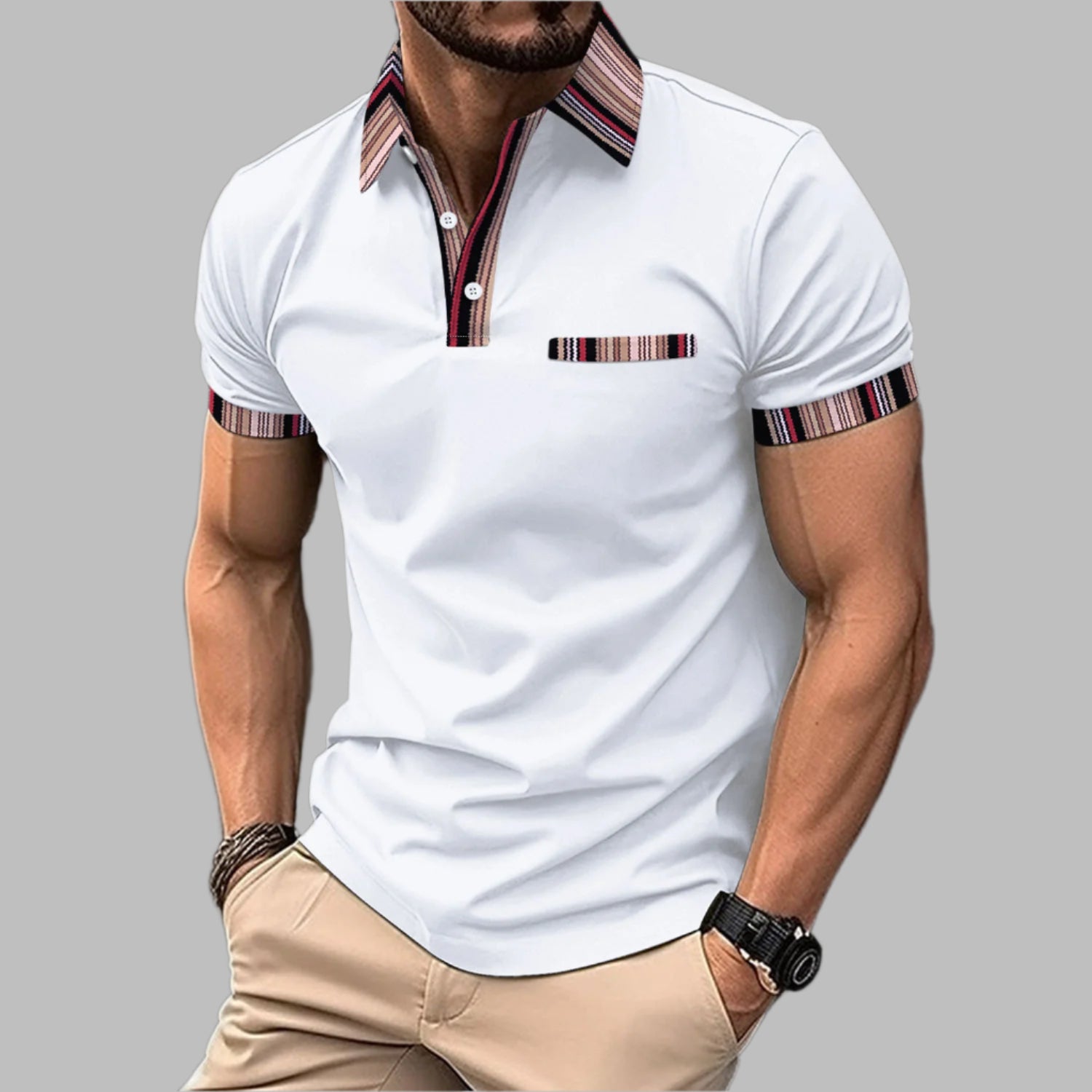 Herr T-shirt med kort ärm, tryckt krage, knappad halsringning och lös passform
