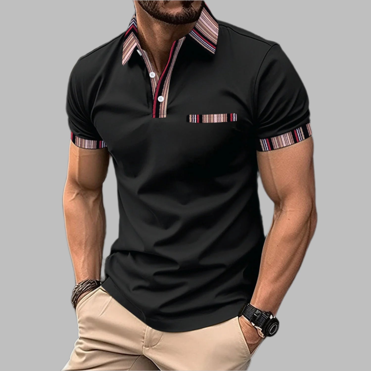 Herr T-shirt med kort ärm, tryckt krage, knappad halsringning och lös passform