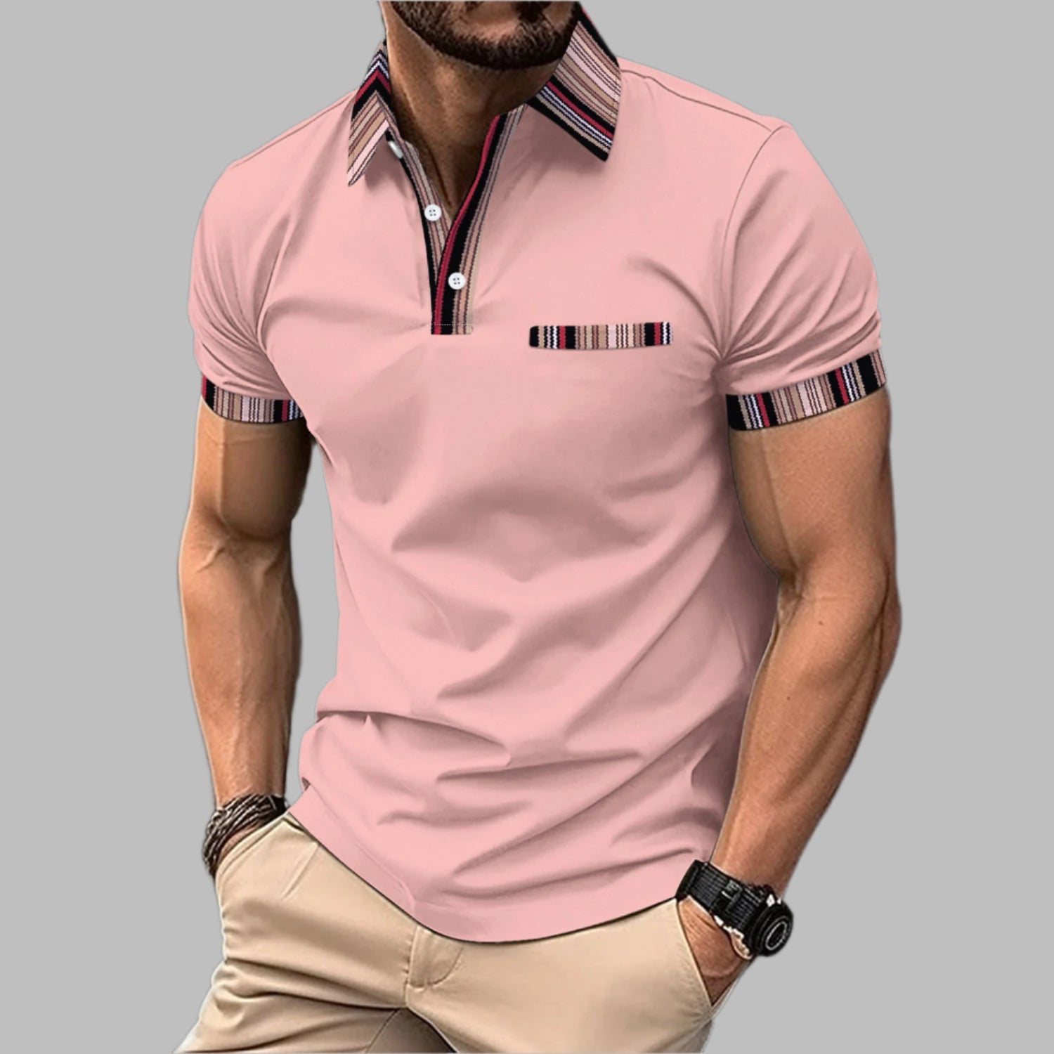 Herr T-shirt med kort ärm, tryckt krage, knappad halsringning och lös passform