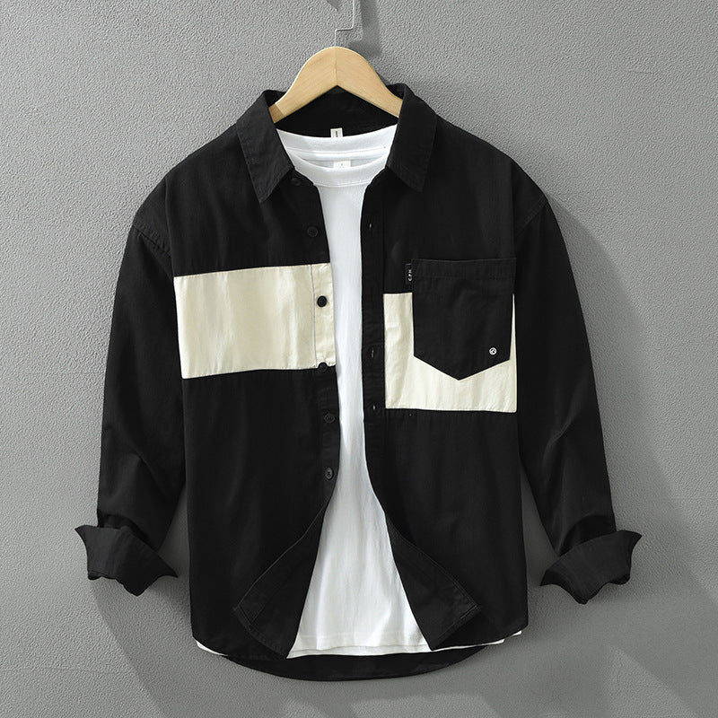 Herrarnas Långärmade Cargoskorta med Kontrastpatchwork Knäppning och Lös Passform