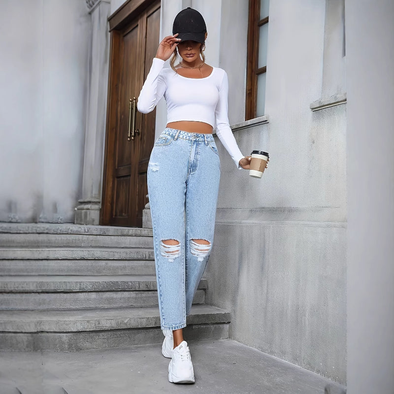 Kvinnors Jeans i Denimstil med Hög Midja, Lös Passform, Raka Ben och Rippade Detaljer