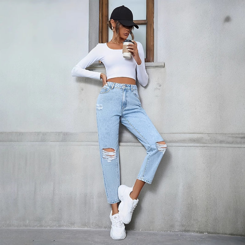 Kvinnors Jeans i Denimstil med Hög Midja, Lös Passform, Raka Ben och Rippade Detaljer