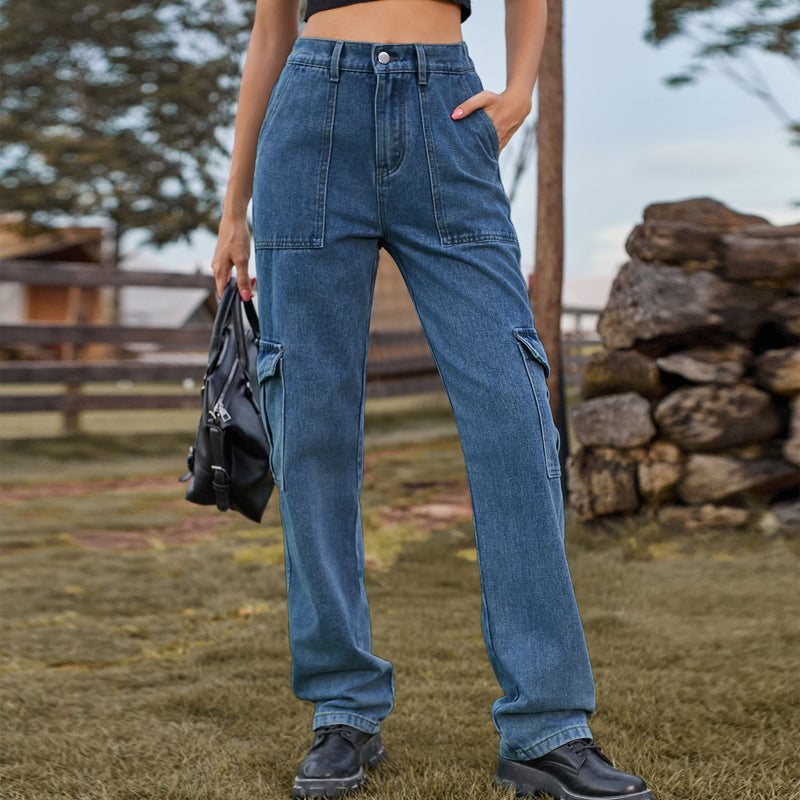 Retrotvättade Raka Jeans Med Halvresår I Midjan Och Fickor