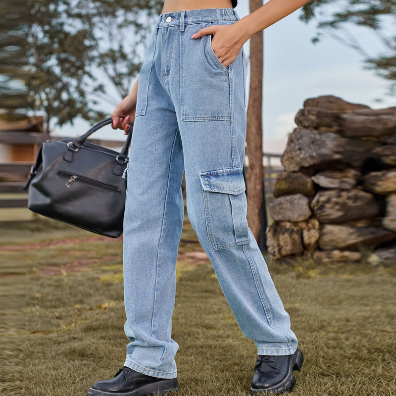 Retrotvättade Raka Jeans Med Halvresår I Midjan Och Fickor