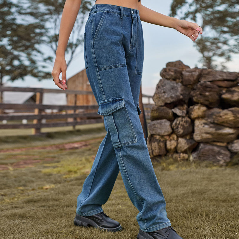 Retrotvättade Raka Jeans Med Halvresår I Midjan Och Fickor