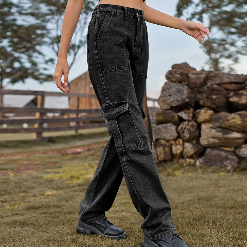 Retrotvättade Raka Jeans Med Halvresår I Midjan Och Fickor