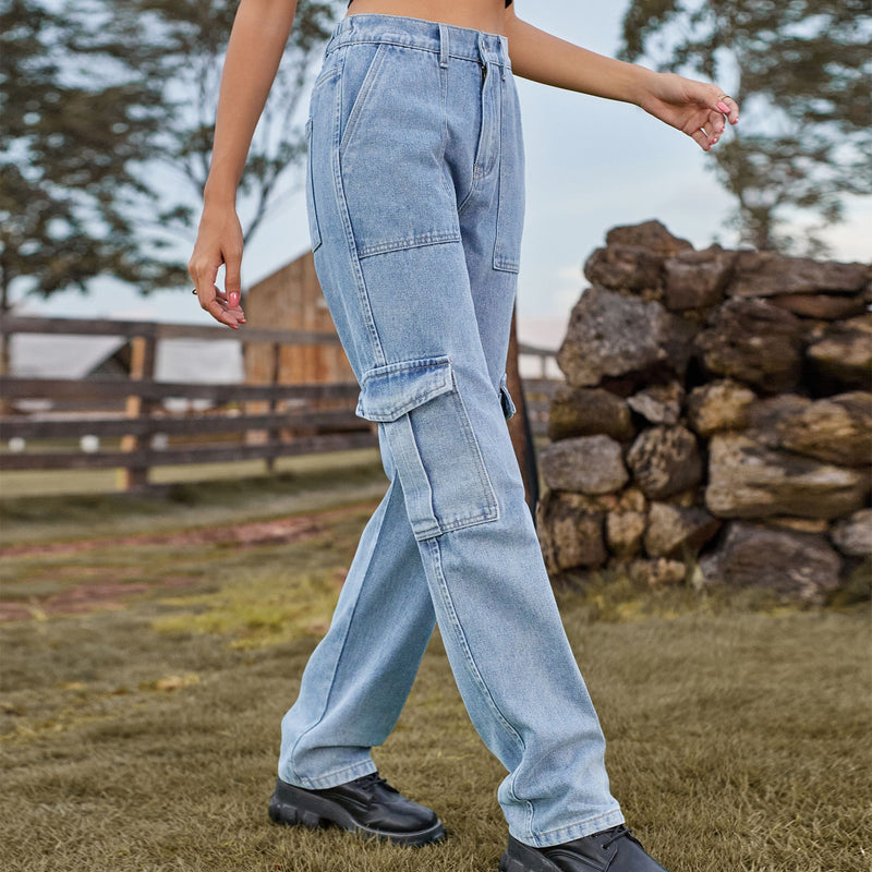 Retrotvättade Raka Jeans Med Halvresår I Midjan Och Fickor