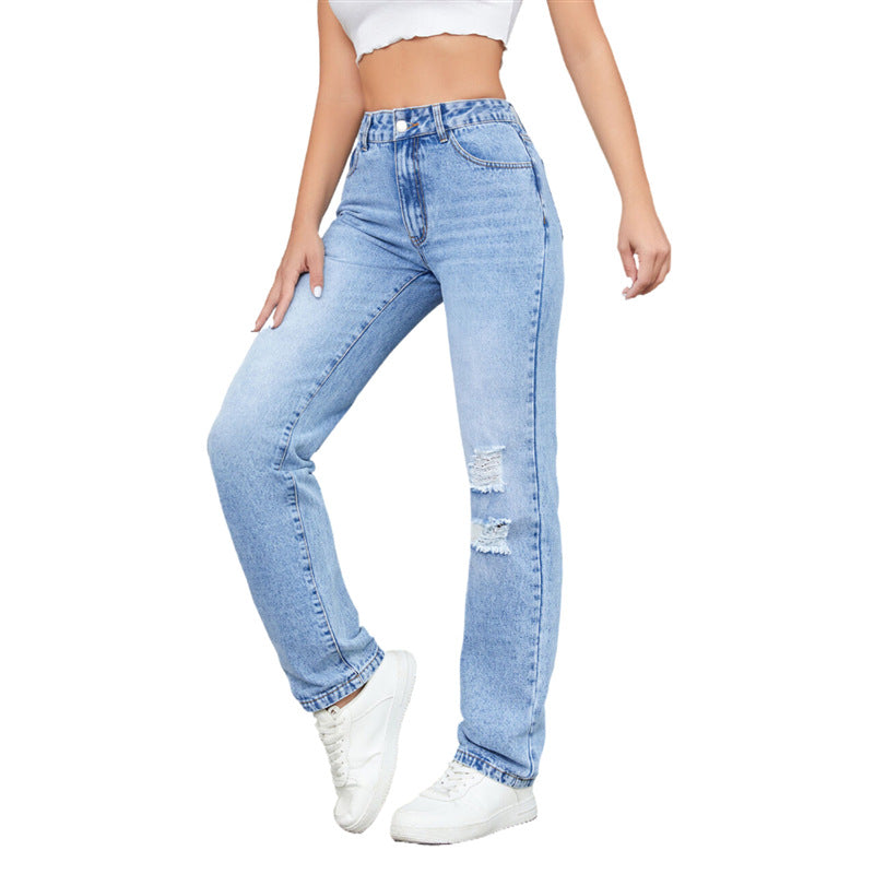 Raka Jeans Med Lös Passform, Hög Midja Och Slitna Detaljer