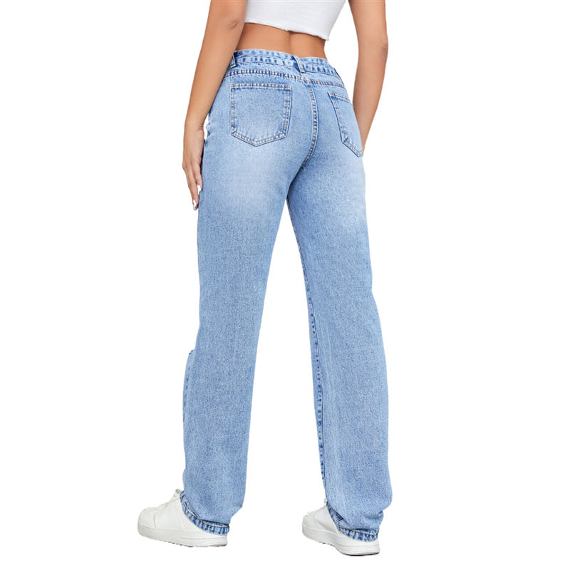 Raka Jeans Med Lös Passform, Hög Midja Och Slitna Detaljer