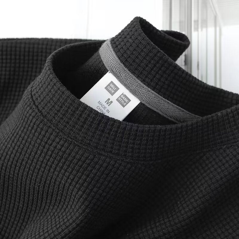 Herr Sommar Waffle Knit Halv Ärm Pullover Rund Hals Enfärgad