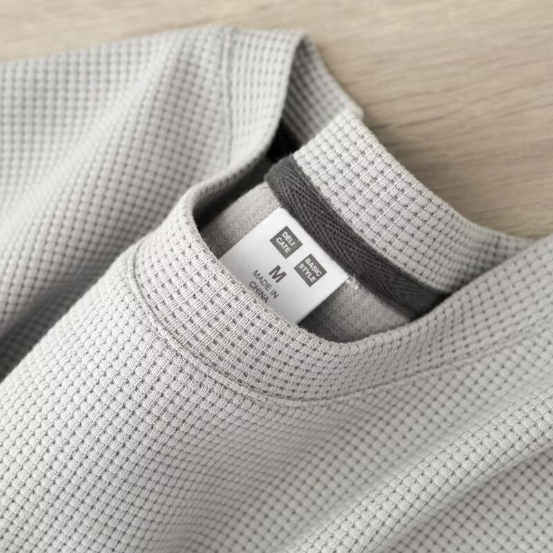 Herr Sommar Waffle Knit Halv Ärm Pullover Rund Hals Enfärgad