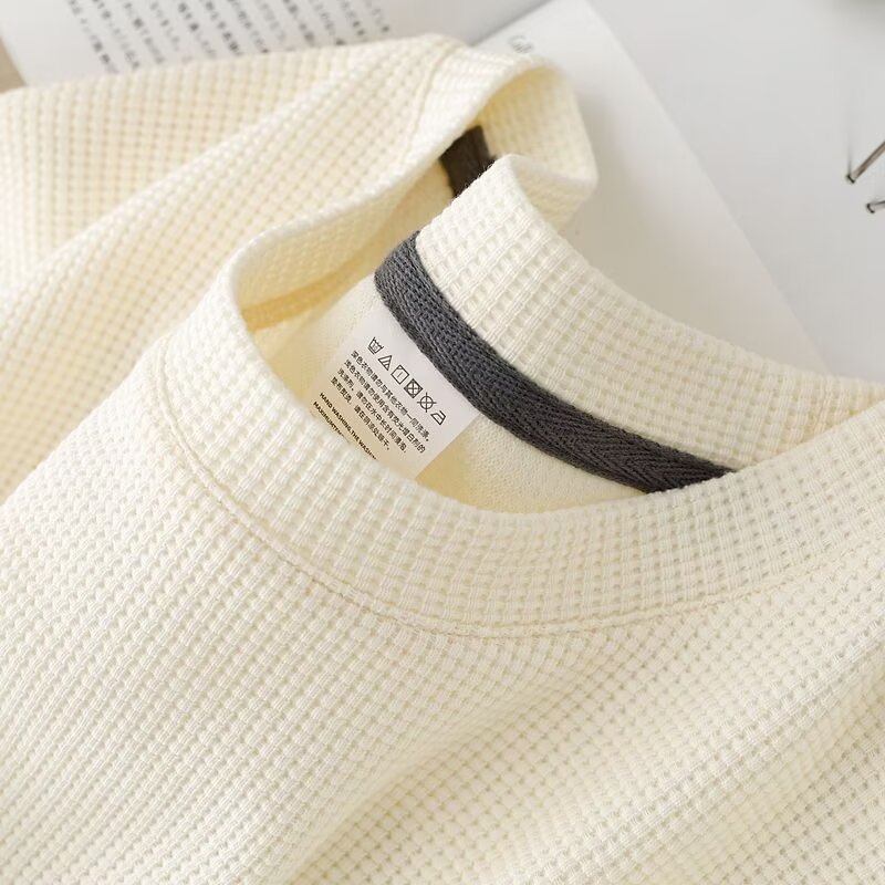 Herr Sommar Waffle Knit Halv Ärm Pullover Rund Hals Enfärgad