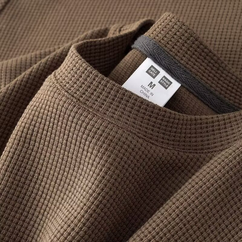 Herr Sommar Waffle Knit Halv Ärm Pullover Rund Hals Enfärgad