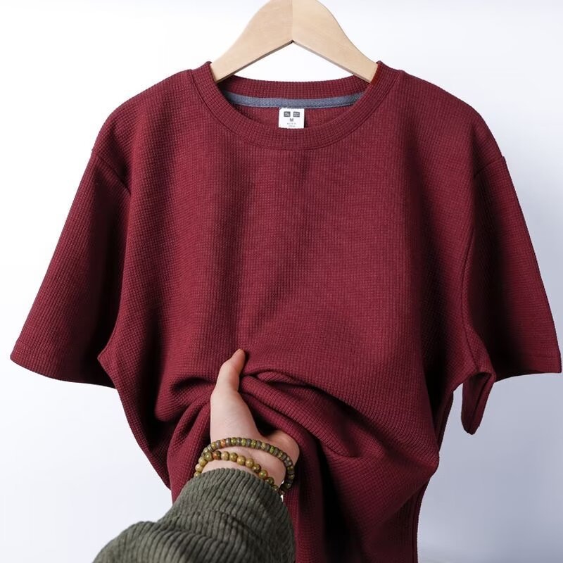 Herr Sommar Waffle Knit Halv Ärm Pullover Rund Hals Enfärgad
