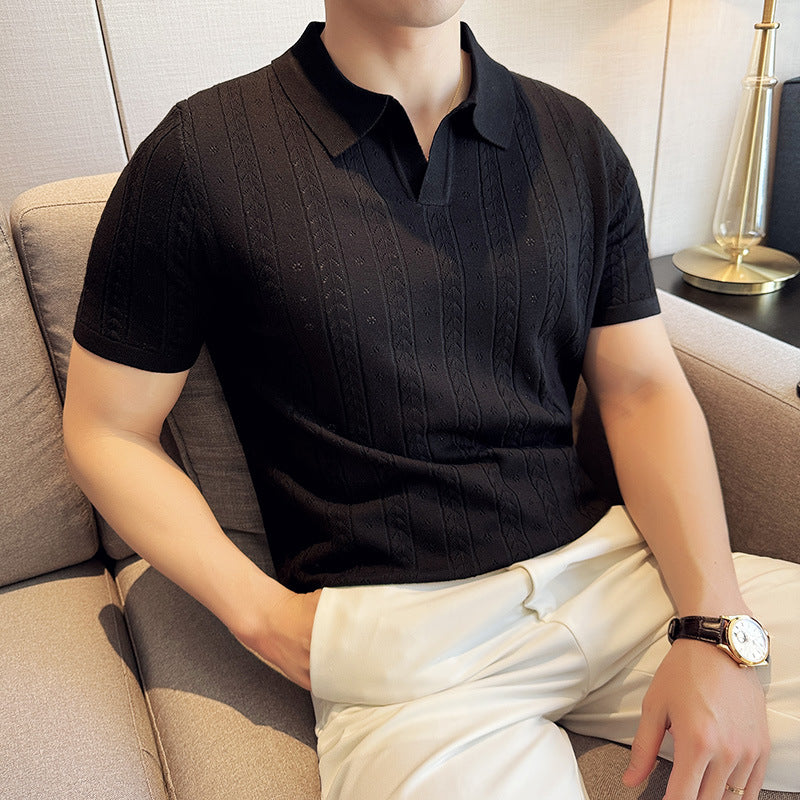 Herr Sommar Randig Jacquard Stickad V-Ringad T-Shirt Kort Ärm Lättviktig