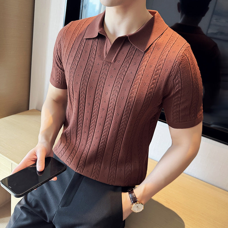 Herr Sommar Randig Jacquard Stickad V-Ringad T-Shirt Kort Ärm Lättviktig