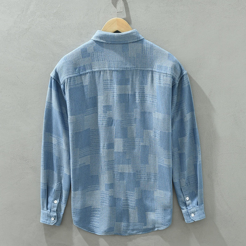 Herr Långärmad Skjorta Jacquard Färgblock Denimblandning Knäppning Lös Passform