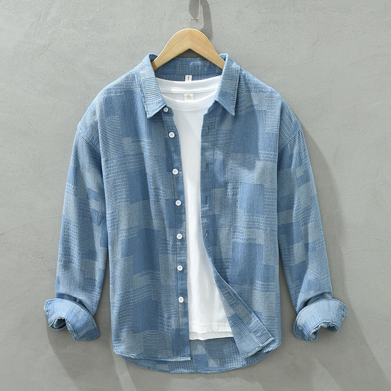 Herr Långärmad Skjorta Jacquard Färgblock Denimblandning Knäppning Lös Passform