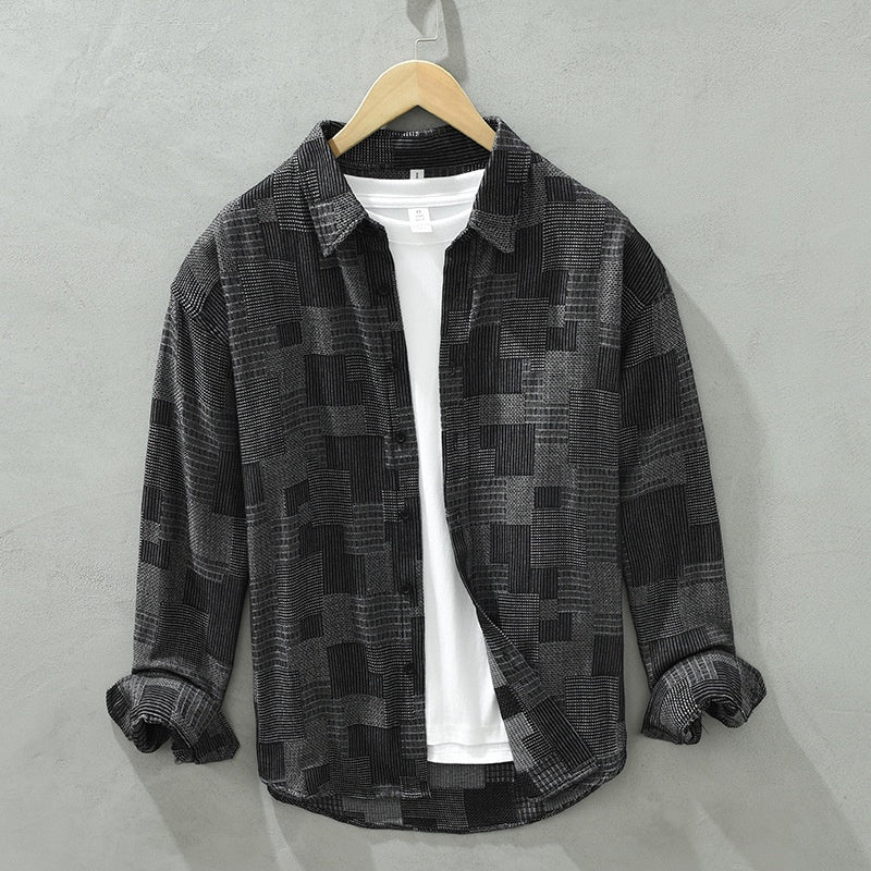 Herr Långärmad Skjorta Jacquard Färgblock Denimblandning Knäppning Lös Passform