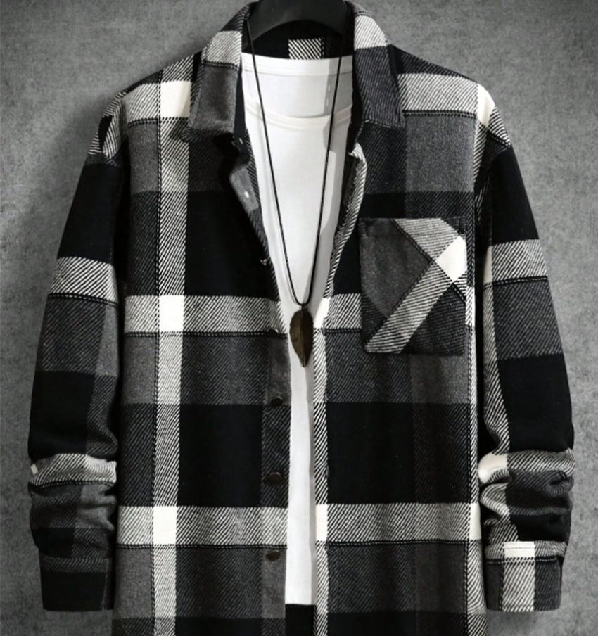 Herrarnas Vår- och Höstskjorta med Lång Ärm Rutig Krage Ullblandning Knäppning och Lös Passform