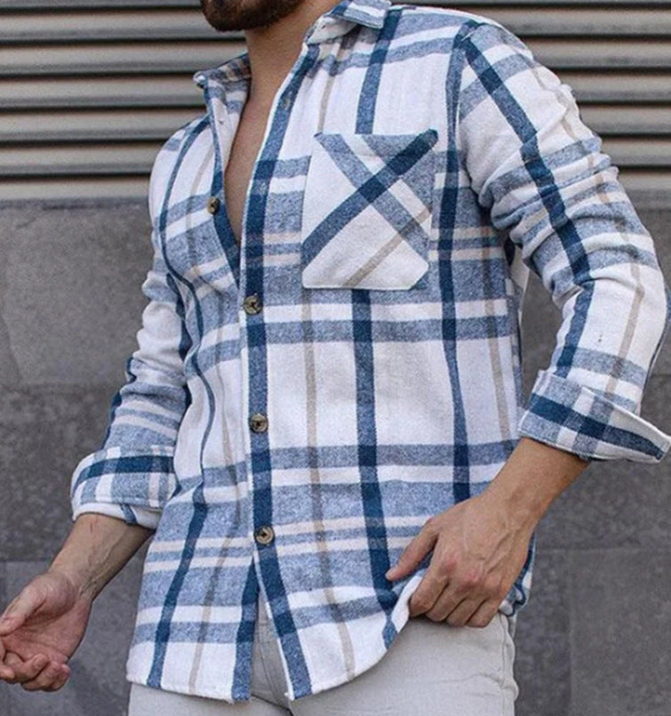 Herrarnas Vår- och Höstskjorta med Lång Ärm Rutig Krage Ullblandning Knäppning och Lös Passform