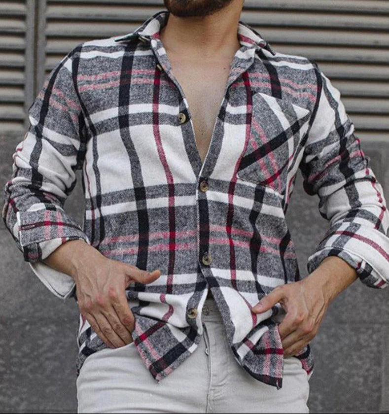 Herrarnas Vår- och Höstskjorta med Lång Ärm Rutig Krage Ullblandning Knäppning och Lös Passform
