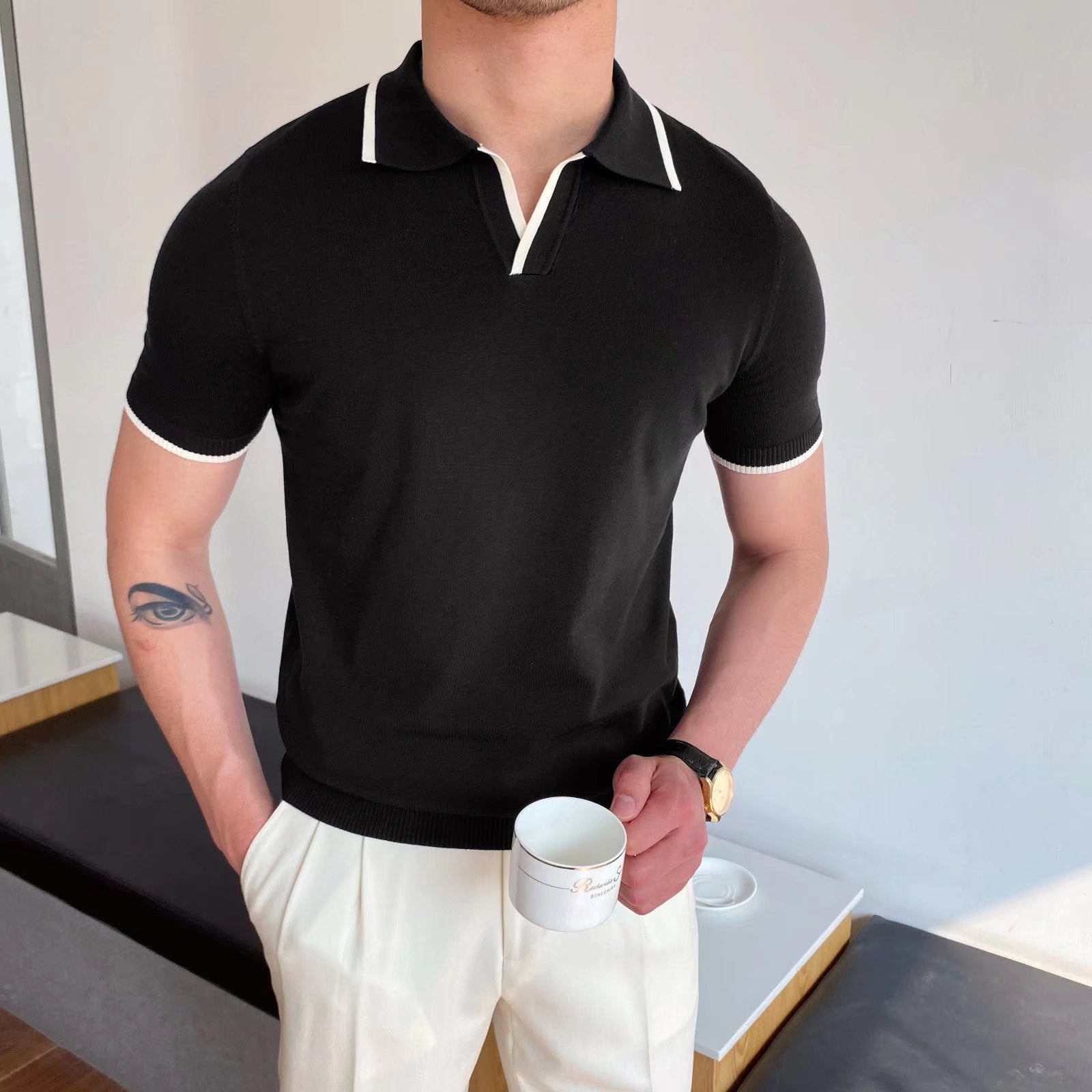 Herr Sommar Slim Fit Pikétröja Randig Ice Sidenkänsla med Slitsdetalj