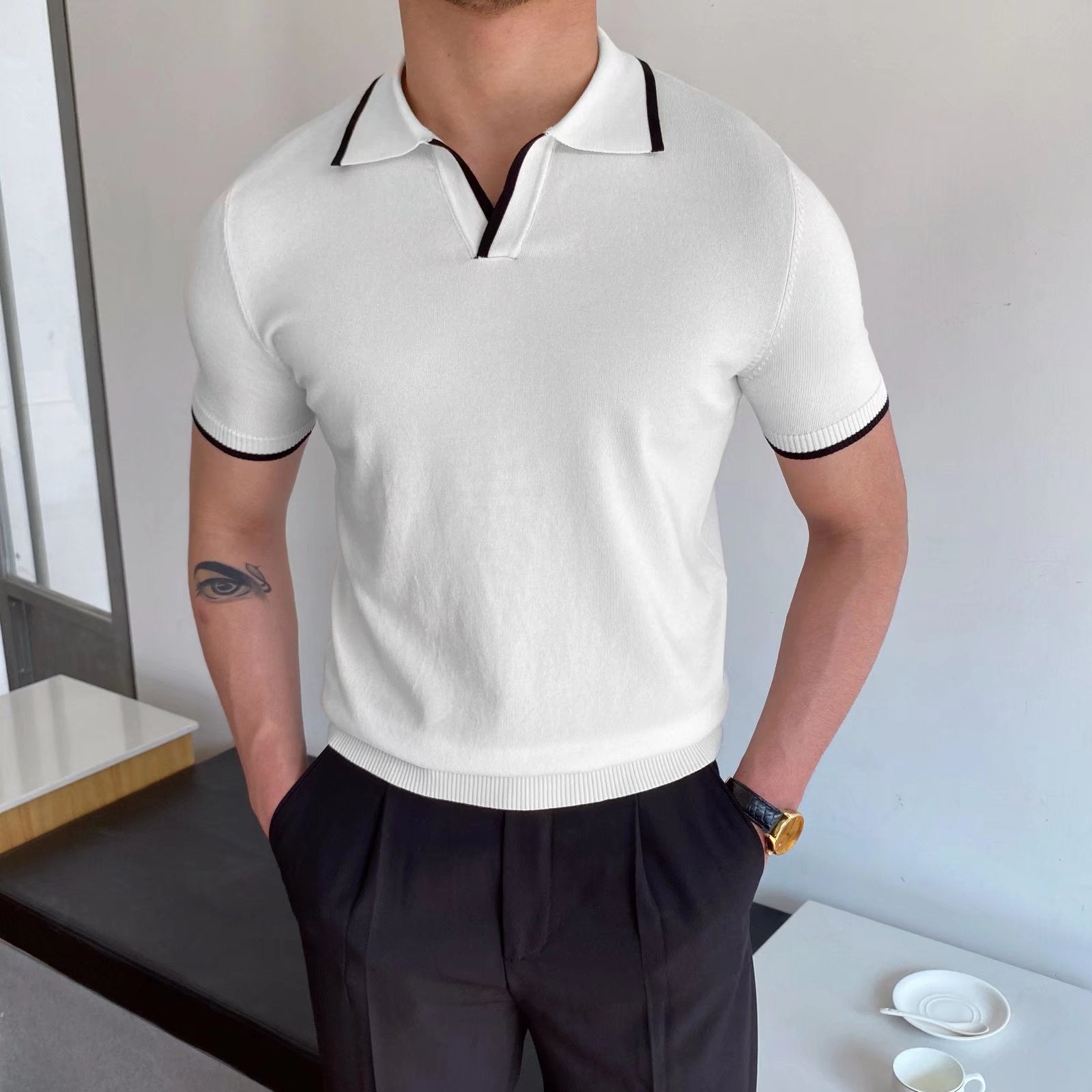 Herr Sommar Slim Fit Pikétröja Randig Ice Sidenkänsla med Slitsdetalj