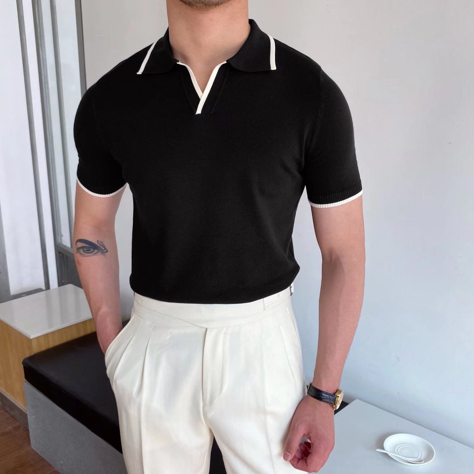 Herr Sommar Slim Fit Pikétröja Randig Ice Sidenkänsla med Slitsdetalj