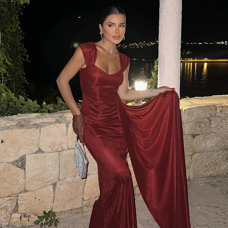 Kvinnors Höst- och Vinterkvällsklänning Ärmös Glittrig Hög Midja Hel Längd Slim-Fit