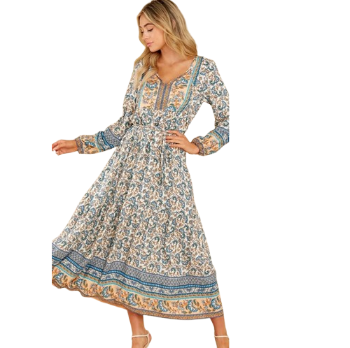 Kvinnors långklänning för vår och sommar med broderade detaljer och snörning, flödande silhuett