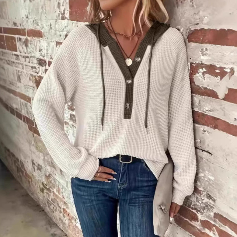 Damhösthoodie Lössittande Pullover Knappdetalj Långärmad