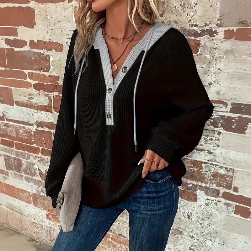 Damhösthoodie Lössittande Pullover Knappdetalj Långärmad