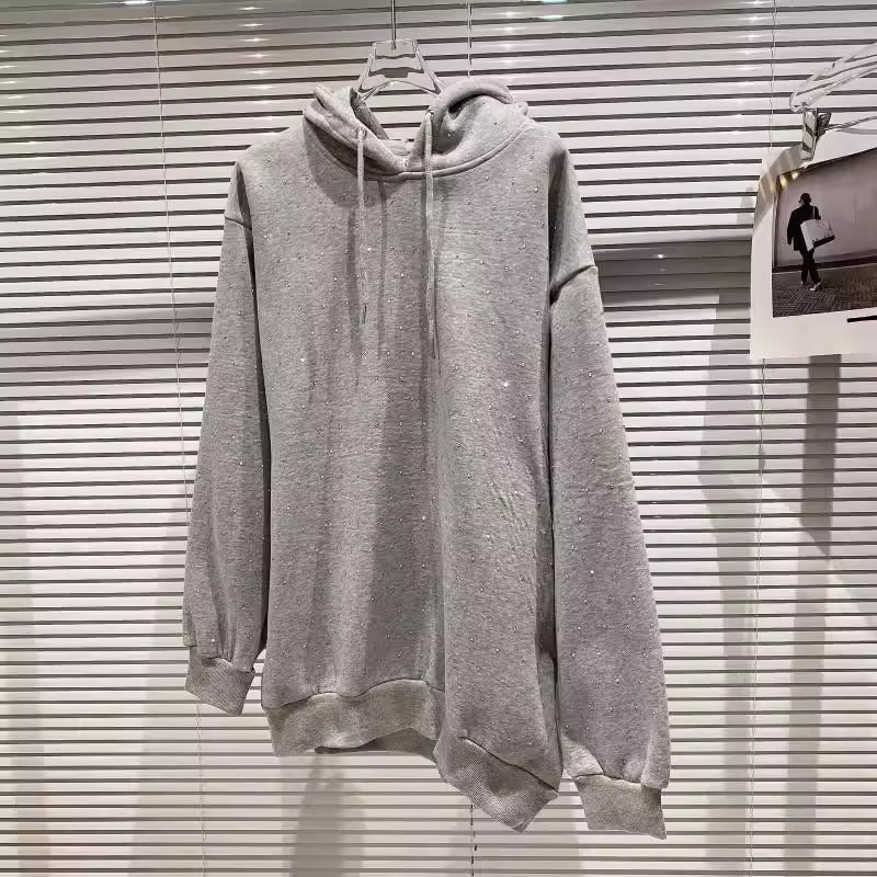 Dam Höst Hoodie Pullover med Strassdetaljer och Lös Passform