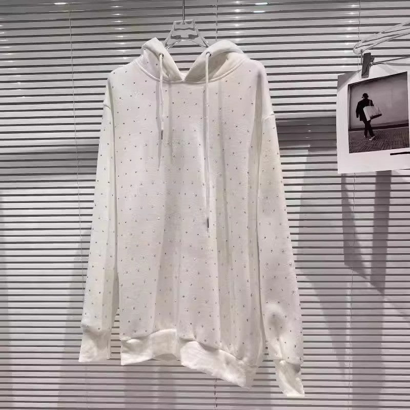 Dam Höst Hoodie Pullover med Strassdetaljer och Lös Passform