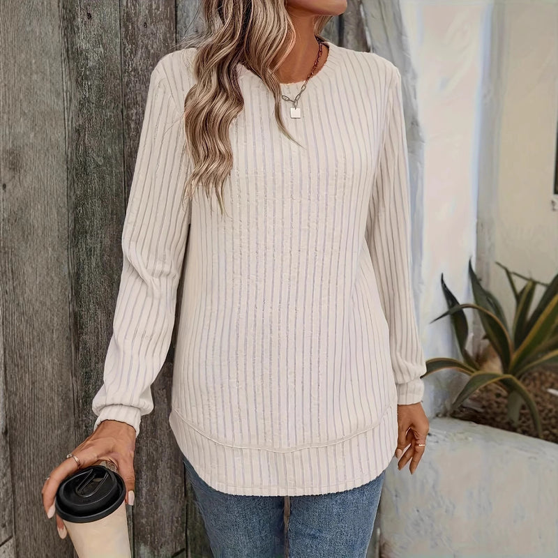 Dam Vår Pullover Topp med Rund Hals, Splicingdetalj och Lös Passform