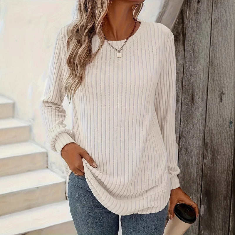 Dam Vår Pullover Topp med Rund Hals, Splicingdetalj och Lös Passform