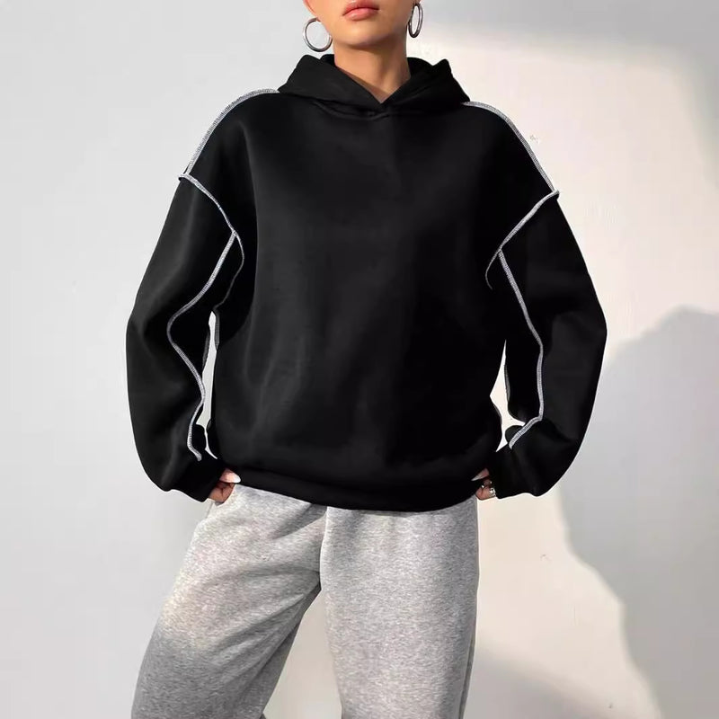 Dam Höst Hoodie-Tröja med Patchworkdesign och Långa Ärmar